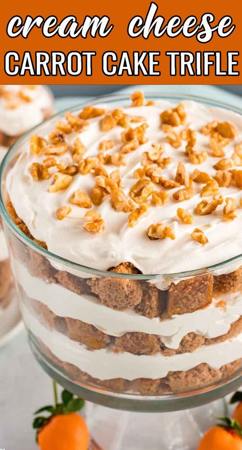 Flan, Carrot Cake Trifle Easter, Sharable Desserts, Fall Trifle Recipes, Carrot Cake Trifle, Cream Cheese Carrot Cake, Trifle Bowl Desserts, Fantastic Dessert, Carrot Cake Dessert