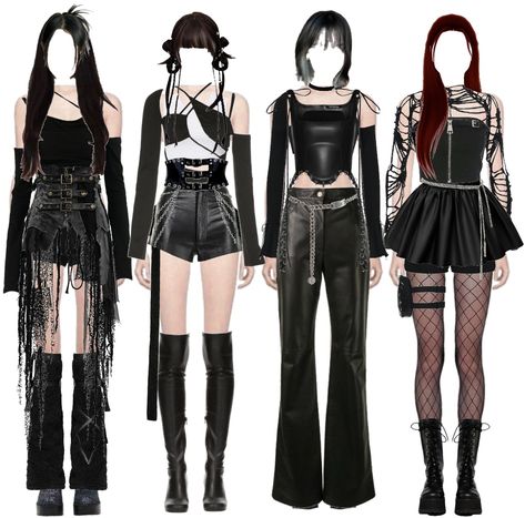 Kpop Four Members Outfit, Black Dress Kpop Outfit, Kpop Boots Outfit, Exo Concert Outfit Ideas, Kpop Stage Outfits Ideas Black, Kpop Rock Outfit, Best Kpop Outfits, Kpop Black Stage Outfits, Black Outfits Kpop