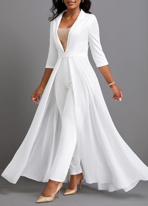 Sequin Ankle Length Lapel Regular White Jumpsuit | Rosewe.com - USD $45.98 Lulus Wedding, White Party Outfit, White Outfits For Women, Classy Jumpsuit, Summer Couple, 2piece Outfits, Stylish Work Attire, Afrikaanse Mode, Bridal Jumpsuit