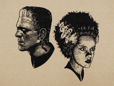 Bride Of Frankenstein Tattoo Pinup, Bride And Frankenstein Tattoo, Frankenstein And Bride Drawing, Frankensteins Monster Tattoo, Classic Horror Monsters, Small Frankenstein Tattoo, Bride Of Frankenstein Illustration, Frankenstein Asthetic, Frankenstein’s Monster