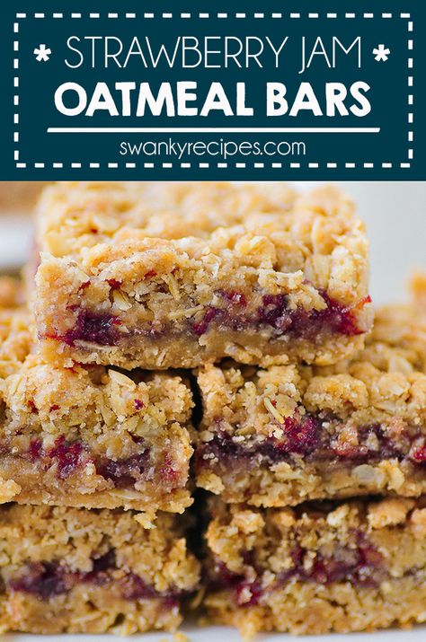 Oatmeal Cookie Breakfast Bars, Healthy Breakfast Bars With Jam, Baked Breakfast Oatmeal Bars, Pioneer Woman Oatmeal Bars, Strawberry Squares Recipes, Jam Filled Oatmeal Cookies, Pbj Oatmeal Bars, Oatmeal Breakfast Squares, Oatmeal Squares Baked