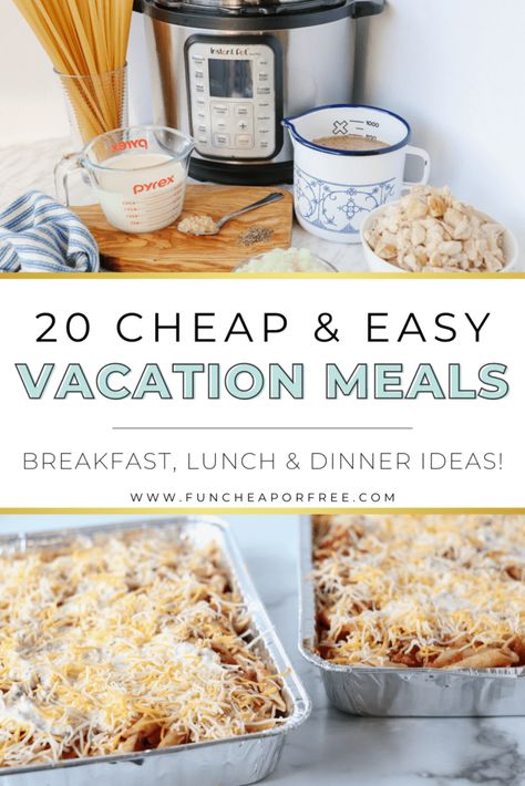 Family Vacation Meals, Beach Vacation Meals, Easy Vacation Meals, Vacation Meal Planning, Vacation Snacks, Cheap Meals To Make, Road Trip Food, Beach Dinner, Vacation Meals