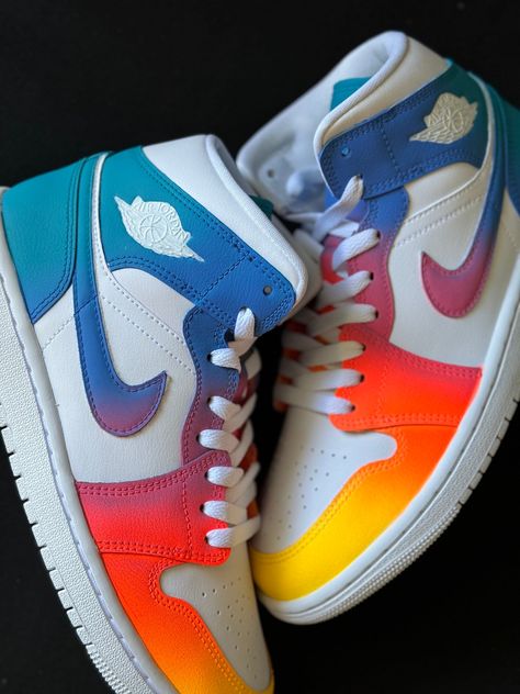 Custom painted jordan 1 Mids, made with a color fade pained to resemble the sunrise. These shoes are art that is meant to be worn and worn proudly as you stand out from the crowd! If you have any questions please feel free to message me! Orders are made to order and take about 2-3 weeks for shipping! Blue And Orange Shoes, Preepy Shoes, Drippy Fits Men, Custom Painted Jordan 1, Nikes For Women, Trendy Shoes Sneakers Men, Picture Of Shoes, Different Color Shoes, Custom Jordan 1