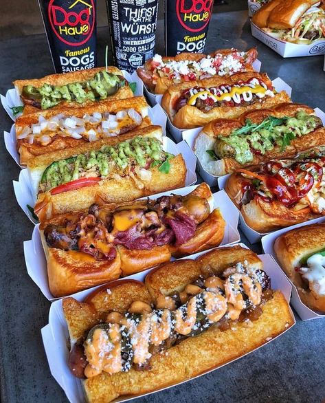 Food Truck Menu Ideas, White American Cheese, Basil Aioli, Pickled Jalapeños, Gourmet Hot Dogs, Chipotle Aioli, Cheddar Cheese Sauce, Cotija Cheese, Hot Dog Recipes