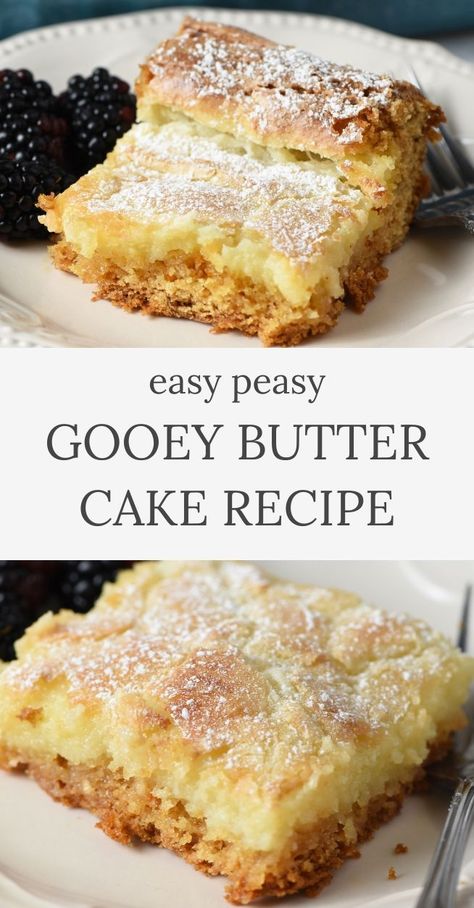 slice of edge gooey butter cake with blackberries on white plate, slice of butter cake on white plate with fork Easy Butter Cake Recipe, Exotic Desserts, Gooey Cake, Dessert Halloween, Kek Lapis, Gooey Butter Cookies, Boxed Cake Mixes Recipes, Cake Mix Desserts, The Best Dessert