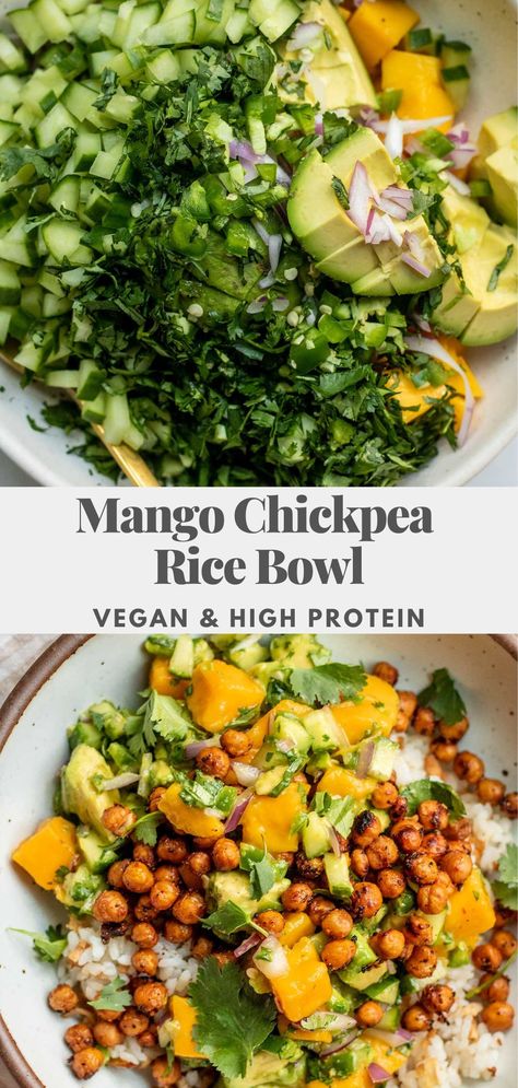 This Mango Chickpea Salad is packed with protein and fresh citrusy flavor. Served over high protein tofu rice to make this easy weeknight meal super satisfying. Mango Chickpea Rice Bowl, Easy Lunch With Protein, Protein Packed Healthy Meals, High Protein Low Carb Plant Based Meals, Healthy Vegetable Heavy Dinners, Rice Bowl Recipe Vegan, 150 Gram Protein Meal Plan, Meatless Dinners High Protein, Easy Chickpeas Recipe Dinners