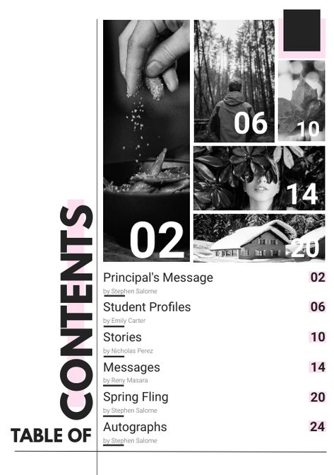 Graphic Design Contents Page, Cool Table Of Contents Layout Design, Photos Layout Design, Graphic Magazine Layout, Table Of Contents Magazine Design, List Of Contents Design, Table Of Contents Design Magazine, Cover Magazine Design Ideas, Contents Page Magazine