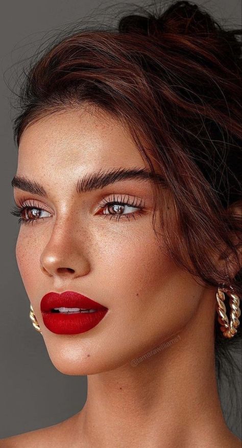 Bronzy Eye Makeup, Red Lips Outfit, Red Lipstick Makeup Looks, Classic Makeup Looks, Red Lips Makeup Look, Gold Makeup Looks, Red Lipstick Makeup, High Fashion Makeup, Classic Makeup