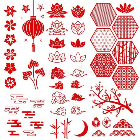 Chinese new year elements. Festive oriental asian style. Red cloud, flowers and moon, bamboo and sakura, lotus leaves royalty free illustration Flowers And Moon, New Year Elements, Tekken 2, Chinese Pattern, Red Cloud, Chinese Patterns, Art Asiatique, Lotus Leaves, Chinese Design