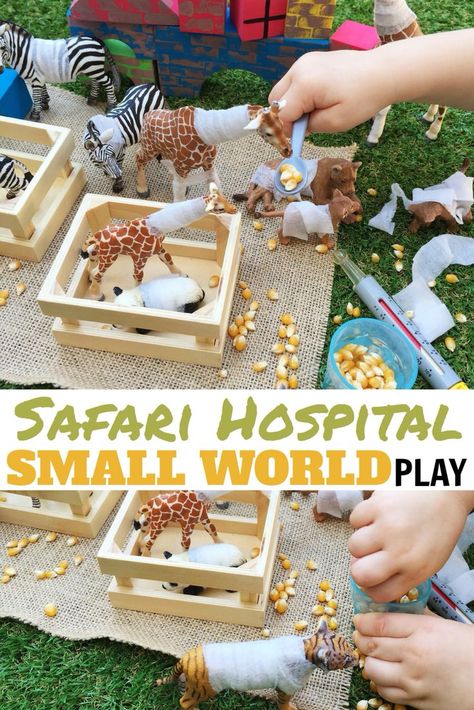 Safari Animal Hospital SMALL WORLD PLAY with wet wipe bandages | A language boosting imaginative play activity for toddlers & preschoolers! Great for social skills too! | http://www.acraftyliving.com Zoo Activities, Mini Mundo, Invitation To Play, Small World Play, Animal Activities, E Mc2, Toddler Play, Safari Theme, Dramatic Play