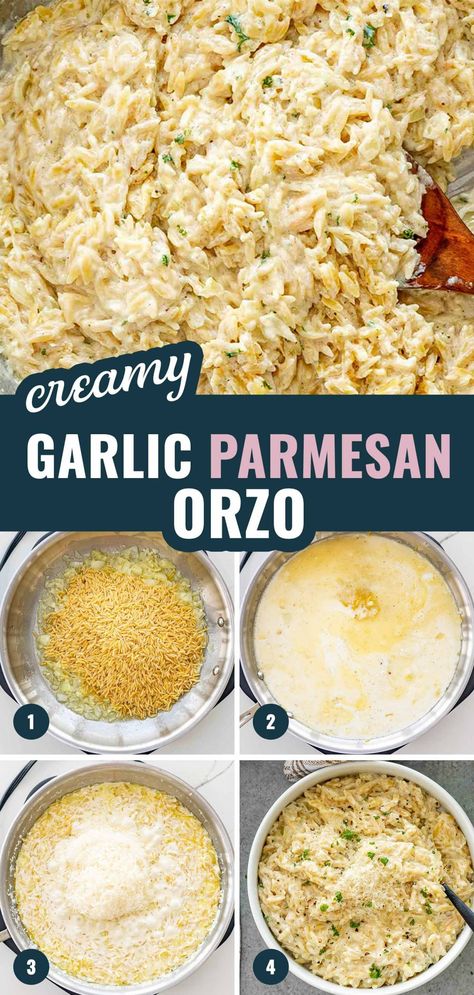 Whip up this Creamy Garlic Parmesan Orzo in just 15 minutes! Perfect as a hearty side or a comforting main, this dish combines cheesy, garlicky goodness with the simplest prep ever. #QuickComfortFood Garlic Parmesan Orzo Recipe, Meals To Make For Guests, 15 Minute Pasta, Creamy Pasta Soup, Best Orzo Recipes, Orzo Side Dish Recipes, Orzo Pasta Recipes Side Dishes, Recipes With Orzo, Orzo Meals