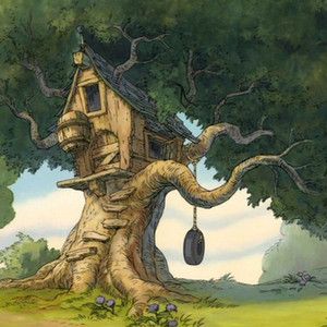 Beautiful Disney Scenes, Winnie The Pooh 100 Acre Wood, Winnie The Pooh Hundred Acre Wood, Hundred Acre Woods Aesthetic, Tree House Cartoon, Birch Tree Illustration, Winnie The Pooh House, Tree House Illustration, Treehouse Illustration