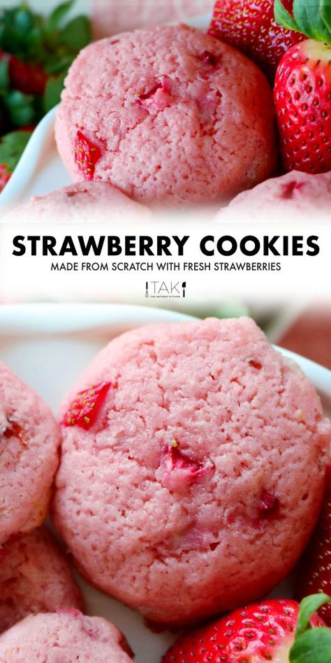 Strawberry Cookie Recipe, Strawberry Cake Cookies, Pink Recipes, Heathy Snacks, Strawberry Shortcake Cookies, Homemade Strawberry Cake, Strawberry Recipe, Drop Cookie Recipes, Strawberry Treats