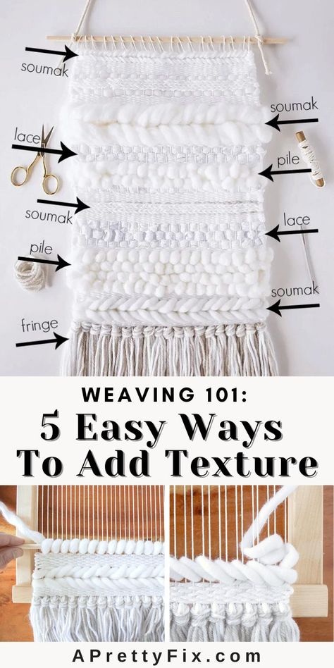 Learn to create beautiful texture to your weaving by following this step-by-step tutorial that utilizes 5 easy techniques. So simple and pretty! #diyweaving #woven #texture #beginnerweaving Couture, Easy Weaving, Tapestry Loom Weaving, Weaving Patterns Design, Art Yarn Weaving, Wall Weaving, Diy Tapestry, Tapestry Loom, Weaving Loom Diy