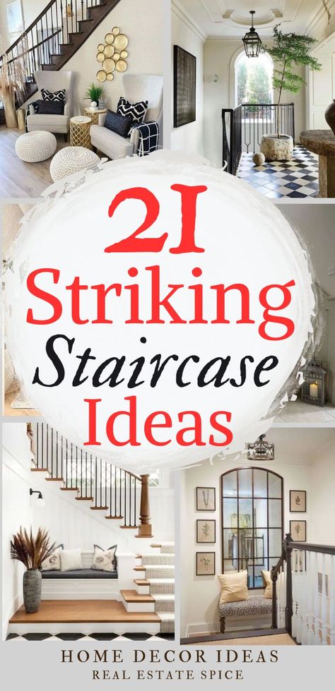 21 STRIKING Staircase Landing Ideas Stair Railing In Living Room, Entryway Ideas By Stairs, Stair Foyer Decor, Farmhouse Decor Staircase Wall, Decor For Landing On Stairs, Wall Decor Stairway Landing, Entryway Ideas Next To Stairs, Modern Farmhouse Staircase Ideas, Wall Stairs Decor Ideas