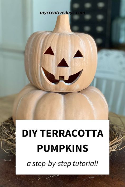 How To Make Terra Cotta Pumpkins, Faux Terracotta Pumpkin Diy, Paint Pumpkins Terracotta, Decorating Foam Pumpkins, Cute Autumn Decor Diy, How To Make Terracotta Pumpkins, Terracota Pumpkin Diy, Terracota Pumpkins, Stacking Pumpkins Diy