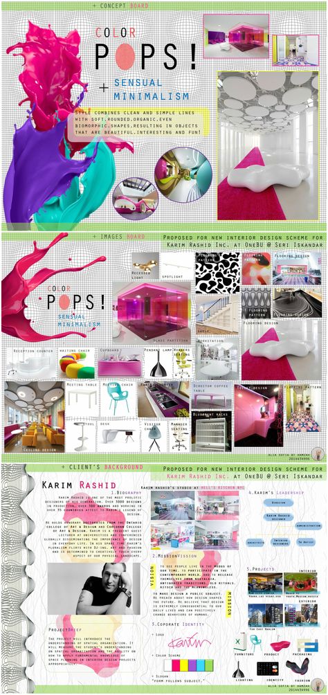 Office Concept Board, Client Board Interior Design, Pop Art Interior Design Bedroom, Karim Rashid Interior, Karim Rashid Design, Interior Design Presentation Boards, 2nd Semester, Interior Design Sketchbook, Presentation Board Design