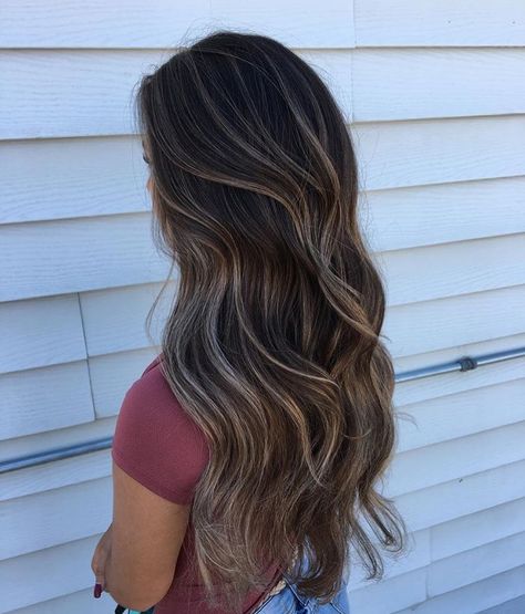 Black Hair W Blonde Highlights, Long Brown Hair With Highlights Balayage, Balyage Long Hair Black Hair, Dark Hair W Highlights, Long Dark Brown Hair Balayage, Balayage Hair On Brown Hair, Dimensional Highlights Brunette, Brown Bolyoge Hair, Dark Brown Hair With Face Framing Blonde