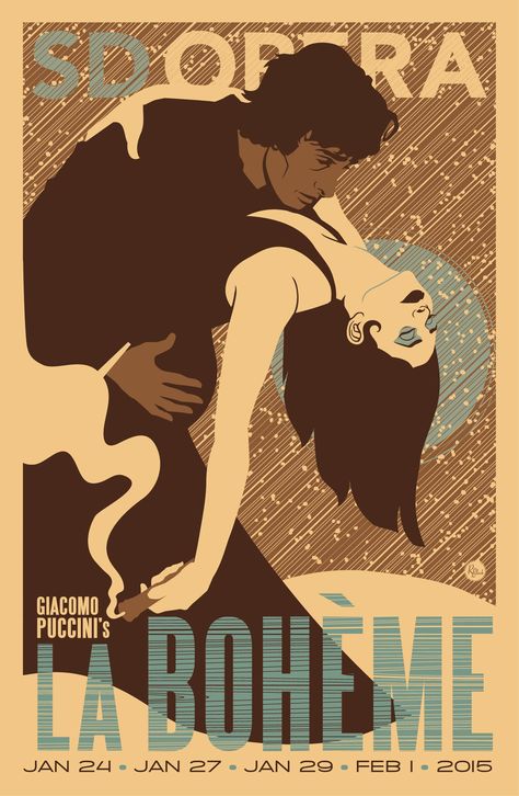 Puccini's La Boheme poster from the San Diego Opera Cabaret Musical, Bohemian Poster, Puccini Opera, Gallery Wall Artwork, Ballet Posters, Vintage Illustration Art, Art Nouveau Poster, Character Graphic, Movie Posters Design