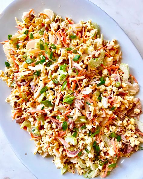 Popcorn Salad (Classic Recipe) | Kitchn Popcorn Salad Recipe, Bacon Carrots, Popcorn Salad, Chopped Vegetables, Popcorn Mix, Retro Dishes, Tossed Salad, Big Salad, Party Recipes