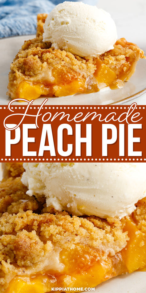 slice of peach pie with a scoop of vanilla ice cream on top Essen, Pie, Graham Cracker Crust Peach Pie, Peach Pie With Crumble Top, Peach Pie Recipes Crumble, Peach Pie Cobbler Recipe, Easy Fresh Peach Pie, Peach Pie Topping, Homemade Peach Pie With Fresh Peaches