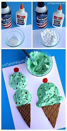 Puffy Paint Ice Cream, Ice Cream Cone Craft, Mint Chocolate Ice Cream, Summer Art Projects, Ice Cream Sundaes, Kindergarten Art Projects, Cones Crafts, Summer Crafts For Kids, Aktivitas Montessori