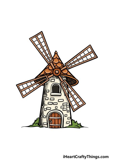 How To Draw A Windmill, Dutch Windmill Drawing, Windmill Drawing Simple, Windmill Painting Easy, Windmills Drawing, Wind Mill Drawing, Mill Drawing, Windmill Clipart, Windmill Illustration