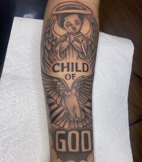 Black Angel Tattoo Men, God Forearm Tattoo Men, Tuff Tattoos, Child Of God Tattoo, My Siblings Keeper Tattoo, God Tattoos For Men, Black Angel Tattoo, Half Sleeve Rose Tattoo, Memorial Tattoo Ideas