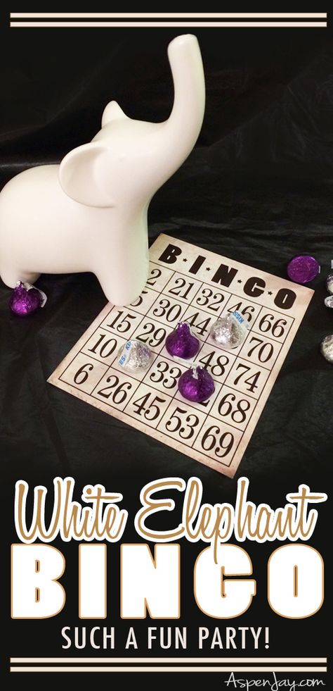 Hosting a White Elephant Bingo Party! Such a fun activity for game night! Love the gold decorations to go along with the theme. PINNED! Bingo Night Themes, Host Bingo Night, Family Bingo Night Ideas, White Elephant Bingo, Bingo Themed Party Ideas, Bingo Night Ideas, Bingo Birthday Party Theme, Family Bingo Night, Bingo Gifts