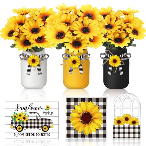 PRICES MAY VARY. Products Content: you will receive 3 pieces of wedding decorations jars in white, yellow and black, 6 bunches of faux sunflowers, 3 perforated sunflower wood pieces, 3 strands of twine and 3 pieces of black and white checked ribbon; There is enough quantity to meet your decoration needs Size Information: these decorative pint canning jars measure about 5.08 x 3.23 inches/ 12.9 x 8.2 cm, have a capacity of about 500 ml/16.9 oz, each piece of sunflower wood slice measures about 1. Sunflower Kitchen Decor Farmhouse, Mason Jar Table Centerpieces, Jar Table Centerpieces, Fall Centerpieces Wedding, Sunflower Signs, Sunflower Tiered Tray Decor, Sunflower Tiered Tray, Sunflower Wedding Centerpieces, Summer Table Decor