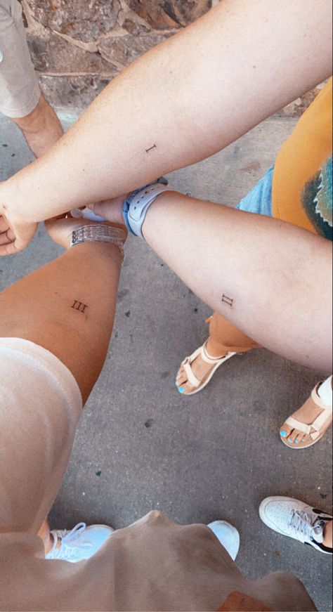 Roman Numeral Sibling Tattoo For 3, Sister Tattoos Roman Numerals, Mini Tattoos Matching Sisters, Sibling Minimalist Tattoo, Siblings Minimalist Tattoo, Roman Numeral Two Tattoo, Sibling Roman Numeral Tattoo, Sibling Line Tattoo, Small Tattoos Cousins