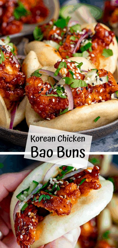 Korean Chicken Bao - foft and fluffy steamed mini bao buns filled with crispy Korean chicken – with full step-by-step instructions. A fantastic party food idea that will really impress your guests! #baobun #chickenbao #koreanchicken #partyfood #gameday #fingerfood Korean Chicken Bao, Bao Chicken, Koreansk Mat, Korean Chicken, Bao Buns, Läcker Mat, Korean Bbq, Think Food, Deilig Mat