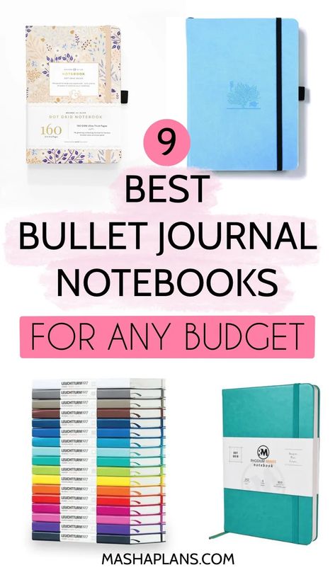 Don't know what notebook to get for you new Bullet Journal? Check this list of 9 amazing Bullet Journal notebooks for any budget. Pick your perfect journals to create beautiful Bullet Journal spreads based on criteria like: page number, paper quality, pre-made pages and more. Find the perfect match among all the brands stationery market offers right now and start your Bullet Journal today. #mashaplans #bulletjournal #bujo #stationery #stationeryaddict #notebook Organisation, Best Notebooks For Work, Best Bullet Journal Supplies, Best Notebooks For Journaling, Best Journals To Buy, Bujo Minimalist, Notebooks For Journaling, Best Bullet Journal Notebooks, Bujo Supplies