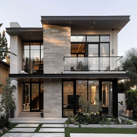 Modern House Exterior Flat Roof, Contemporary Modern Home Exterior, Exterior Modern House Design, Cobblestone Exterior House, Side Elevation Designs For House, Modern House With Balcony, Two Story Contemporary House, Modern Spanish House Exterior, Flat Roof Homes