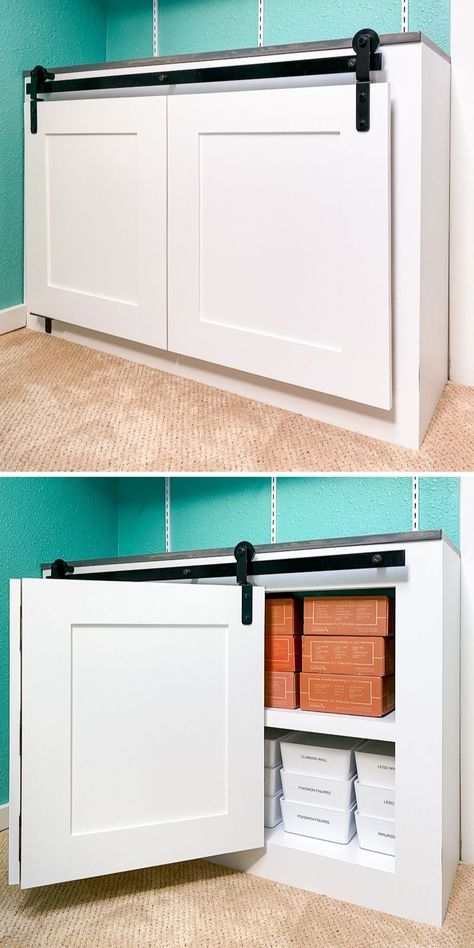 Learn how to install bifold barn doors on a cabinet or closet! This genius hardware allows folding barn doors to open and close smoothly, or take one wheel off the track to open it wide! Half Closet Door Ideas, Wide Cabinet Doors, Folding Cabinet Doors Diy, Diy Bifold Cabinet Doors, Cabinet Barn Doors Sliding, Bifold Kitchen Cabinet Doors, Small Barn Doors Sliding, Diy Bifold Barn Doors, Folding Barn Doors