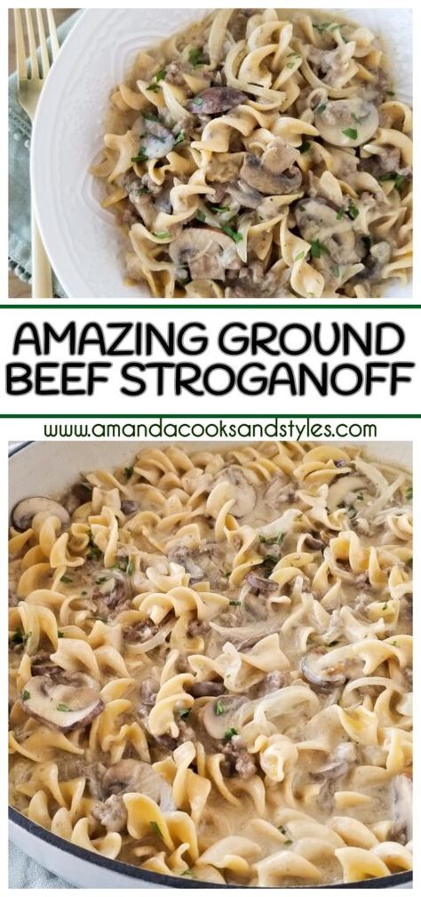 Essen, Fast Beef Dinner Recipes, Small Batch Beef Stroganoff, Hamburger Stroganoff With Mushroom Soup, Beef Stroganoff Recipe Ground Beef, Beef Stroganoff With Hamburger Meat, Ground Beef Mushrooms Recipes, Beer Stroganoff Recipe, Best Ground Beef Stroganoff Recipe