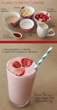 Oatmeal Breakfast Smoothie, Strawberry Oatmeal Smoothie, Resep Oatmeal, Oatmeal Yogurt, Menu Sarapan Sehat, Resep Smoothie, Strawberry Oatmeal, Pasti Sani, Chicken Healthy