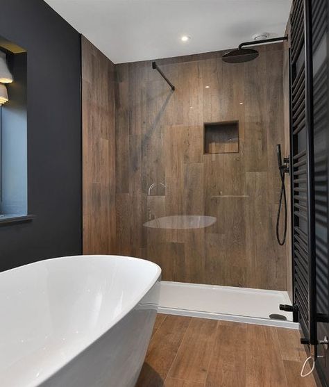 Wood Tile Shower, Wood Effect Porcelain Tiles, Wood Tile Bathroom, Dark Tile, Dark Bathrooms, Wood Effect Tiles, Wood Tile Floors, Bathroom Redesign, Wood Look Tile