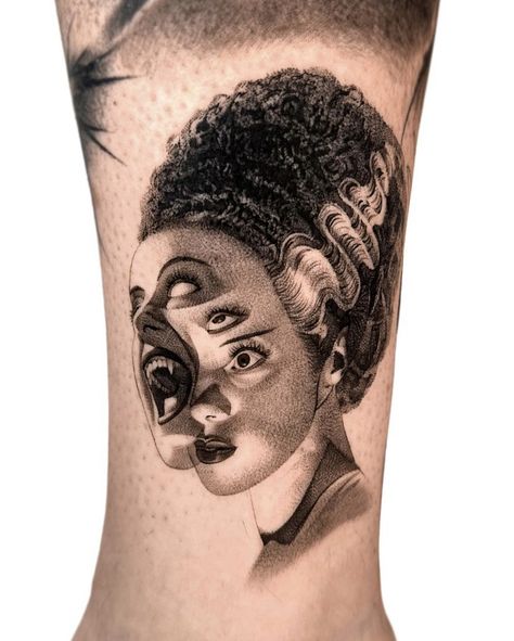 Bride Of Frankenstein Tattoo, Bride Of Frankenstein Hair, Calve Tattoo, Frankenstein Tattoo, Voodoo Doll Tattoo, Chucky Tattoo, Friday The 13th Tattoo, 13 Tattoos, Brides With Tattoos