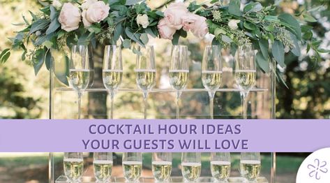 Cocktail Hour Ideas Your Guests Will Love At Home Cocktail Party Decor, Fun Cocktail Hour Ideas, Wedding Cocktail Hour Table Decor, Interactive Cocktail Hour, Fun Wedding Cocktail Hour Ideas, Ideas For Cocktail Hour At Wedding, Cocktail Only Wedding Reception, Cocktail Hour Activities Wedding Indoor, Pre Ceremony Cocktail Hour