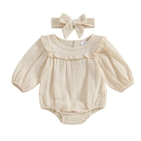 Baby Girl Clothes Long Sleeve Romper Solid Jumpsuit Bodysuit+Headband 2Pcs Girl Outfits : cotton Size chart: Size:3 Recommended age:3-6 Months Bust:50cm/19.69'' Length:37cm/14.57'' Size:6 Recommended age:6-9 Months Bust:52cm/20.47'' Length:39cm/15.35'' Size:9 Recommended age:9-12 Months Bust:54cm/21.26'' Length:41cm/16.14'' Size:12 Recommended age:12-18 Months Bust:56cm/22.05'' Length:43cm/16.93'' Color: Beige.  Gender: female.  Age Group: infant. Romper Outfit Fall, Toddler Leotards, Solid Color Jumpsuits, Solid Jumpsuit, Girls Fall Outfits