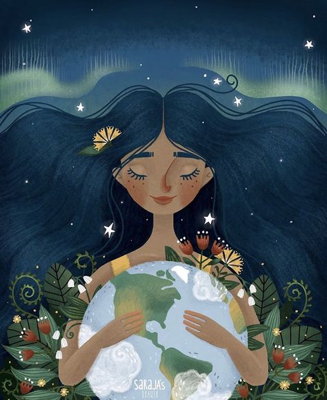 Mother Earth Drawing, Mother Earth Illustration, Mother Earth Art, Earth Drawings, Earth Illustration, Illustration Mignonne, Seni Dan Kraf, Earth Art, Girly Art