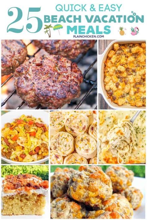 Easy Meals At Airbnb, Easy Meals To Make At The Beach, Big Group Lunch Ideas, Beach Trip Dinner Ideas, Beach Cooking Ideas, Food For Vacation House, Easy Vrbo Meals, Easy Recipes For Airbnb, Easy Meals For Vacation At The Beach