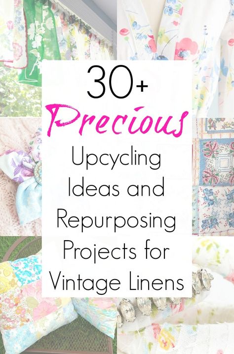 Repurposing Vintage Embroidered Linens, Things To Make With Vintage Linens, Upcycling, Amigurumi Patterns, Things To Make From Old Curtains, Vintage Linen Crafts Ideas, Vintage Quilt Pillows Ideas, Vintage Lace Tablecloth Repurposed, Repurpose Crochet Tablecloth