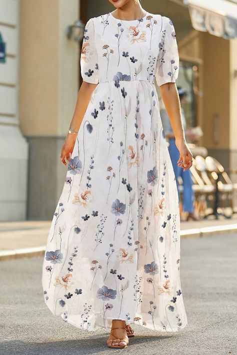 Cheap Modest Dresses, Long Floral Dress Casual, Simple Maxi Dress Casual, Middie Dress Casual, Simple White Dress Casual, Casual Modest Dresses, Maxi Dress Casual Outfit, Chiffon Dress Long Casual, Long Maxi Dress Outfits