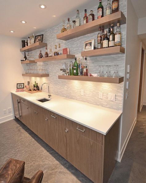 25 Basement Bar Ideas for a Stellar Rec Room Downstairs Floating Shelves Backsplash, Basement Wet Bar Ideas, Finished Basement Bars, Small Basement Bar Ideas, Modern Basement Bar, Small Finished Basements, Basement Bar Area, Cheap Basement Ideas, Small Basement Design