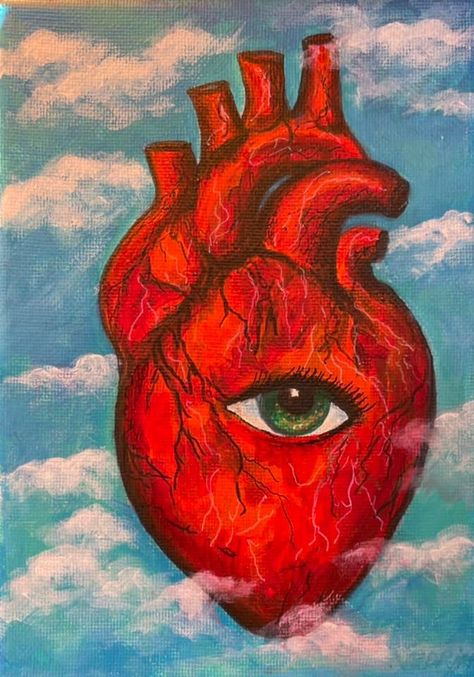 Old Art Pfp, Heart With Eyes Drawing, Real Heart Painting, Heart Surrealism, Tears Of A Clown, Heart With Eyes, Eyes Painting, Art Alternative, Clouds Art