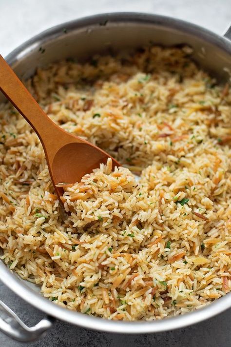 Perfect Rice Pilaf | lifemadesimplebakes.com Gf Rice Pilaf, Seasoned Rice With Salmon, Rice To Go With Chicken, Orzo Pilaf Recipes, Rice Cooked In Chicken Broth, Garlic Rice Pilaf, Chicken Pilaf Recipe, Saucepan Set, Pilaf Recipe