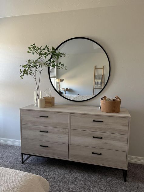 Love this dresser! It matches my west elm end tables nicely. For the price, you can’t beat it! Neutral Wooden Bedroom, Simple Classy Bedroom, Room Dresser Decor Ideas, Blank Wall Ideas Bedroom, Small Modern Bedroom Ideas, Simplistic Room, Young Couple Apartment, Light Modern Bedroom, Scandinavian Bedroom Ideas