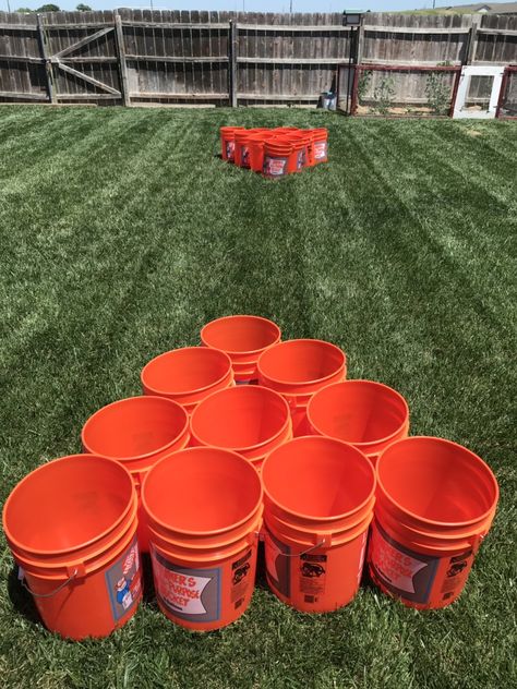 Now that its warmer out, my friends and I spend many weekends in someone's backyard Diy Bucket Ball Game, Games For Backyard Party, Back Yard Games Outdoor, Cool Outside Ideas, Outdoor Games Party, Yard Beer Pong, Giant Yard Games Diy, Backyard Field Day Games, Bucket Golf Game Diy